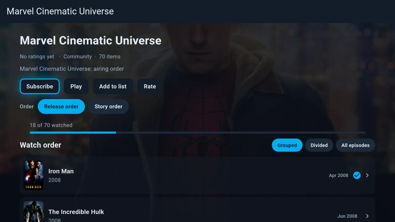 The Marvel Cinematic Universe collection in NaboTV, showing 18 of 70 watched in release order