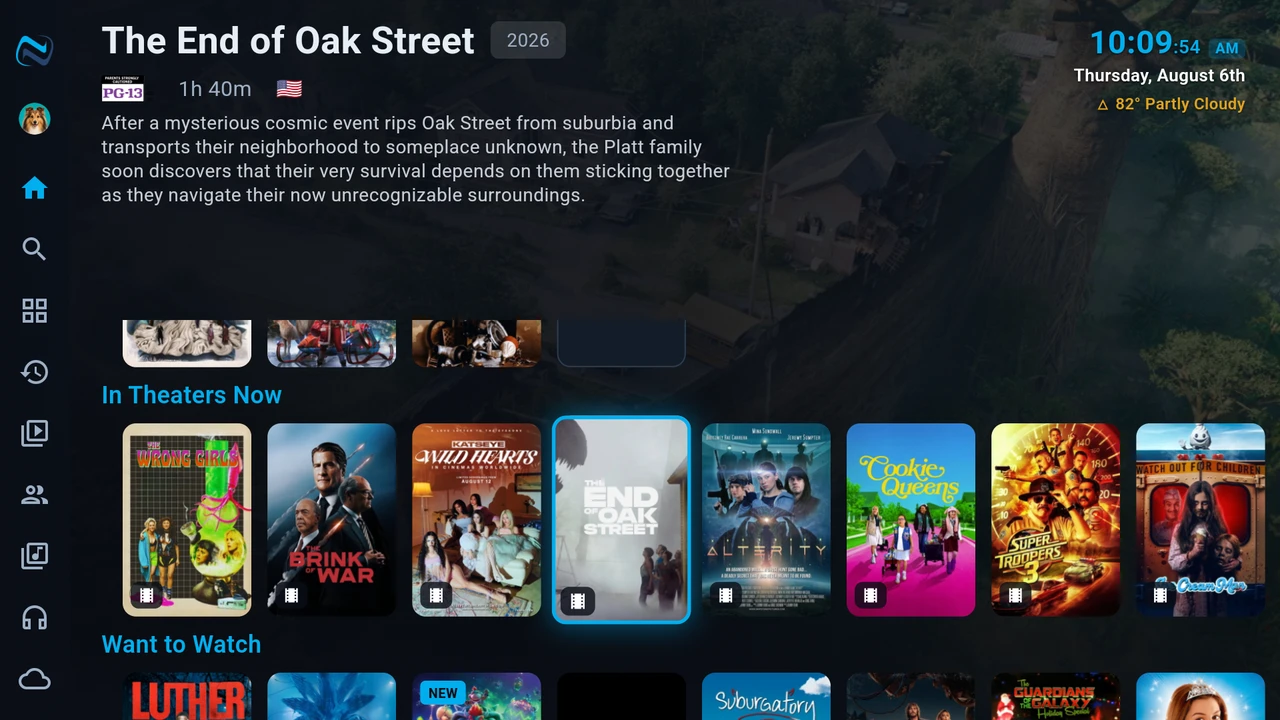 NaboTV's home screen with rails for movies in theaters and a watchlist