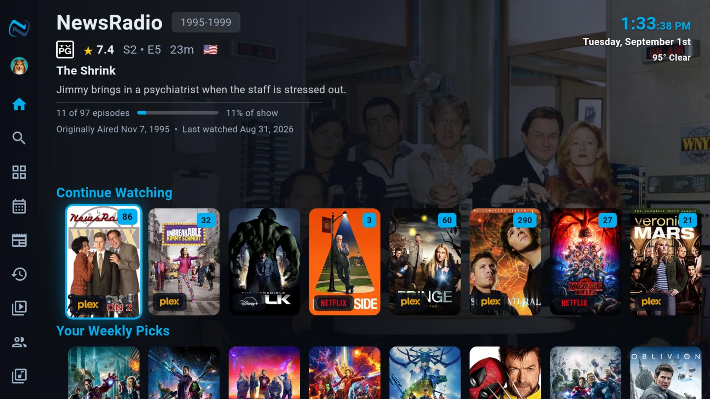 NaboTV's home screen with a Continue Watching row mixing Plex and Netflix titles