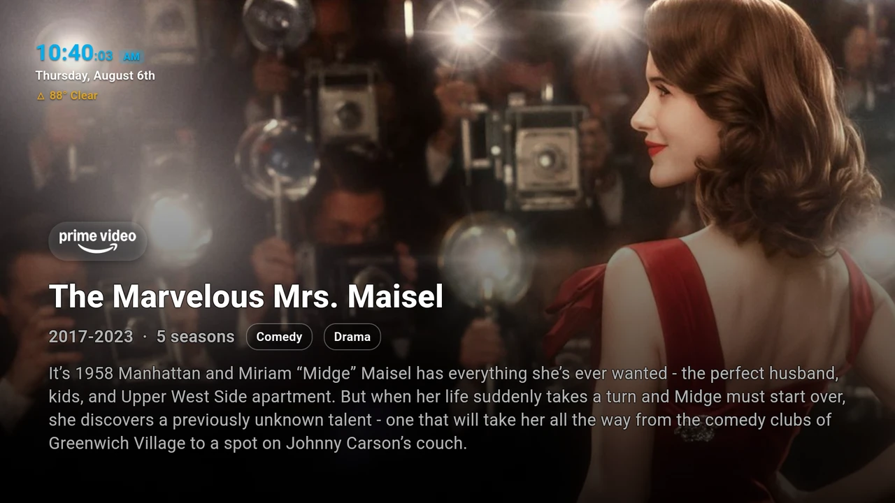 NaboTV's screensaver showing The Marvelous Mrs. Maisel with the time and weather