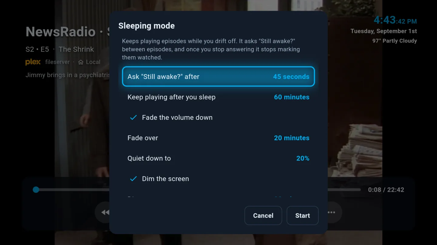 NaboTV's sleep mode settings over a paused episode
