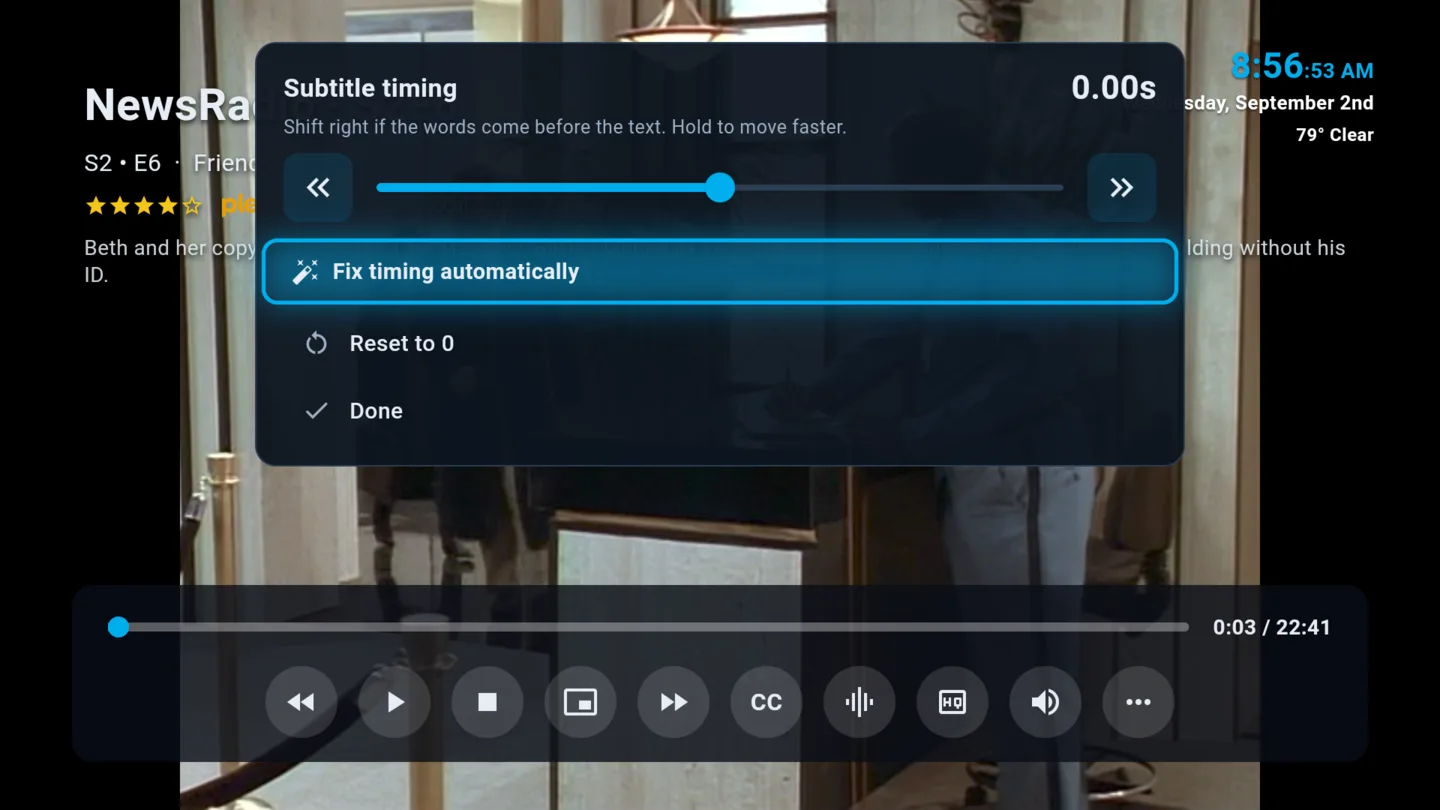 NaboTV's subtitle timing panel with a Fix timing automatically option