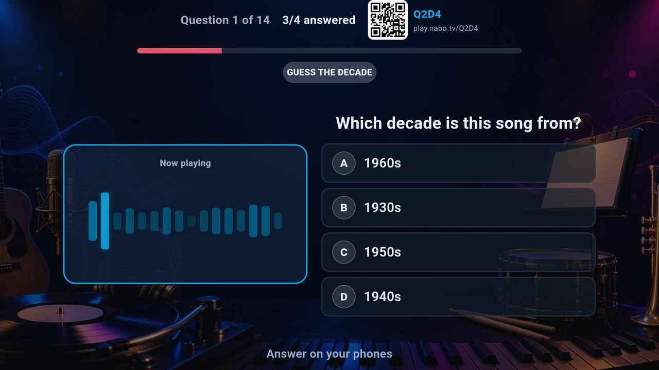 A NaboTV trivia question asking which decade a song is from, with four answers