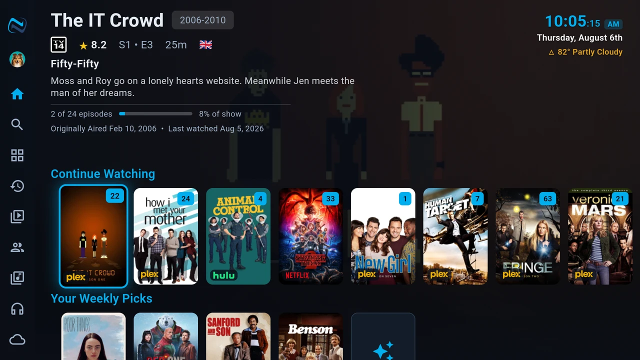 NaboTV on a TV, with Continue Watching showing shows in progress from Plex, Hulu, and Netflix