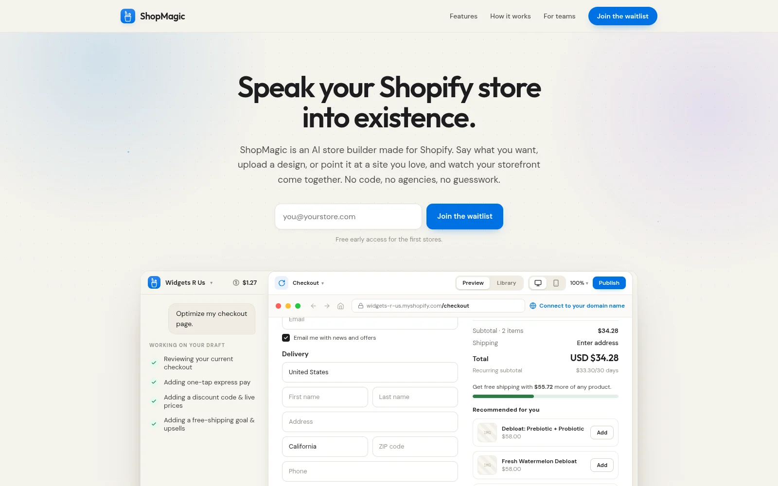 ShopMagic landing page with a chat-driven Shopify checkout being built beside a live preview