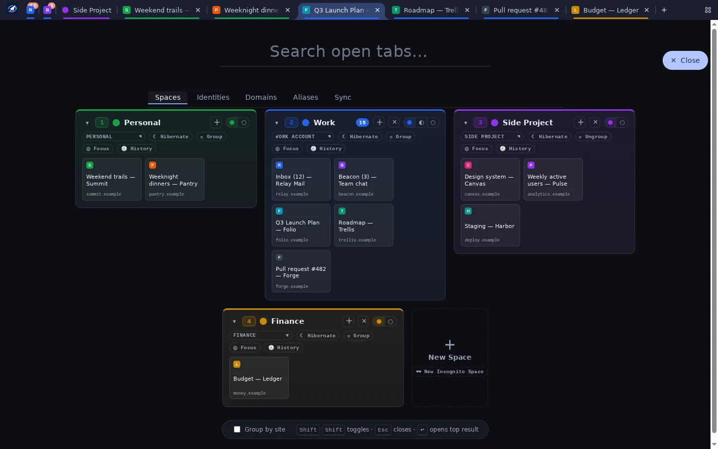 Spaceship overview with Personal, Work, Side Project, and Finance Spaces, each holding its own tabs
