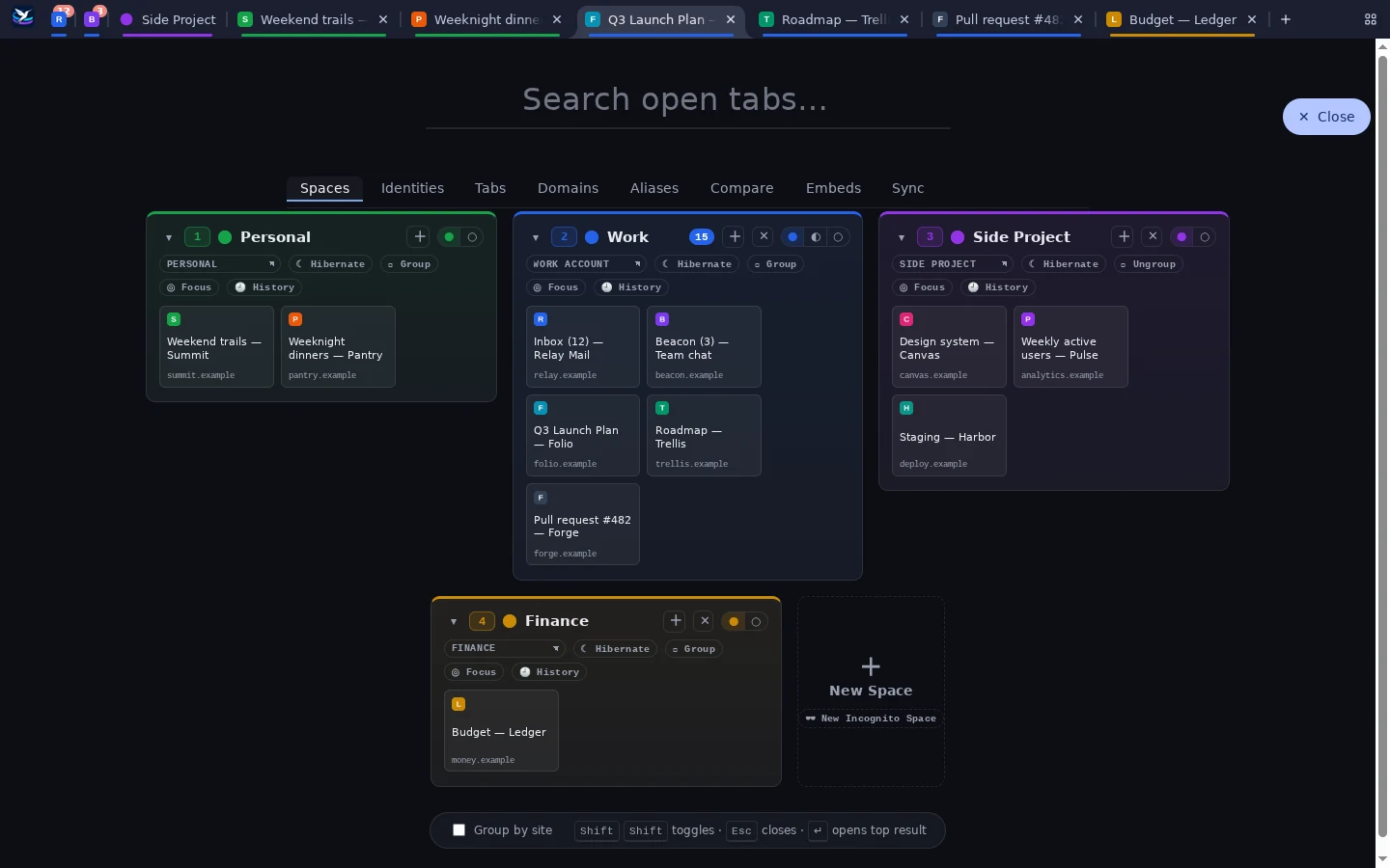 Spry Browser overview with Personal, Work, Side Project, and Finance Spaces, each holding its own tabs
